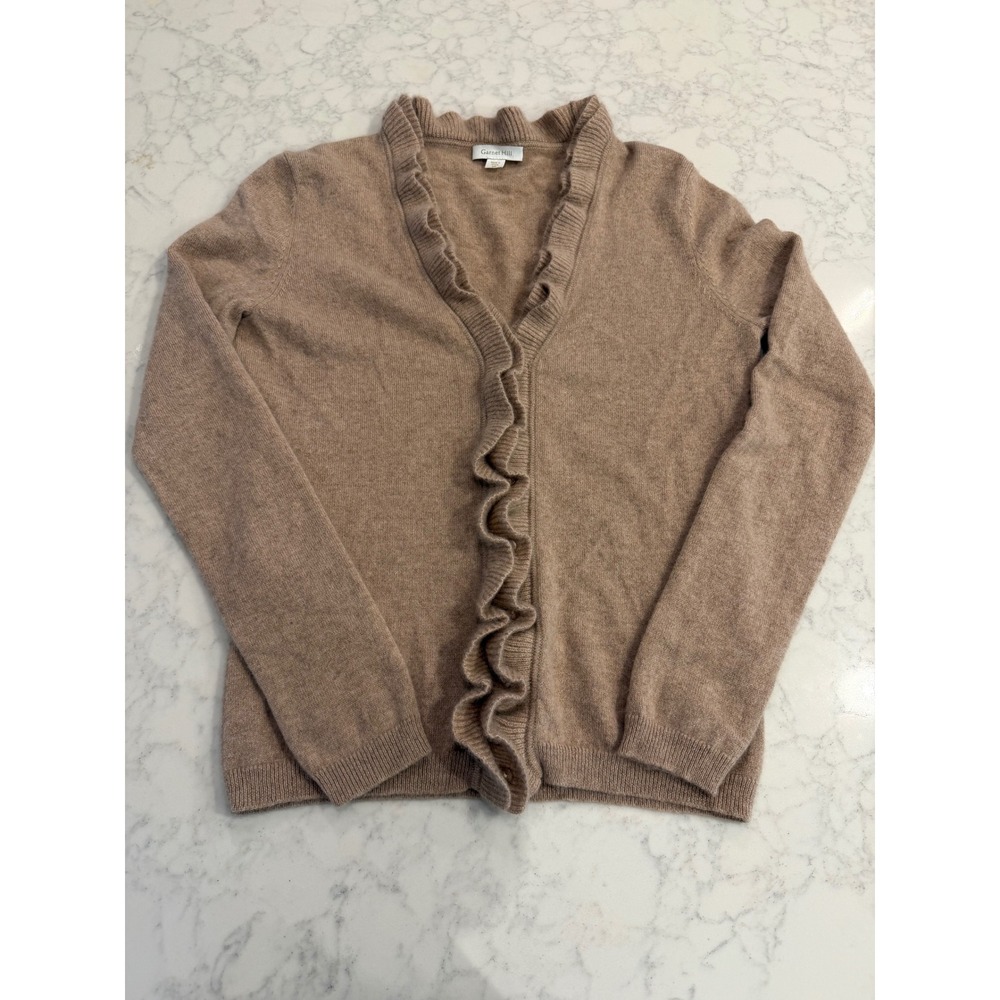 Garnet Hill Womens 100% Cashmere Ruffle Front V-Neck Cardigan Tan XS 22862